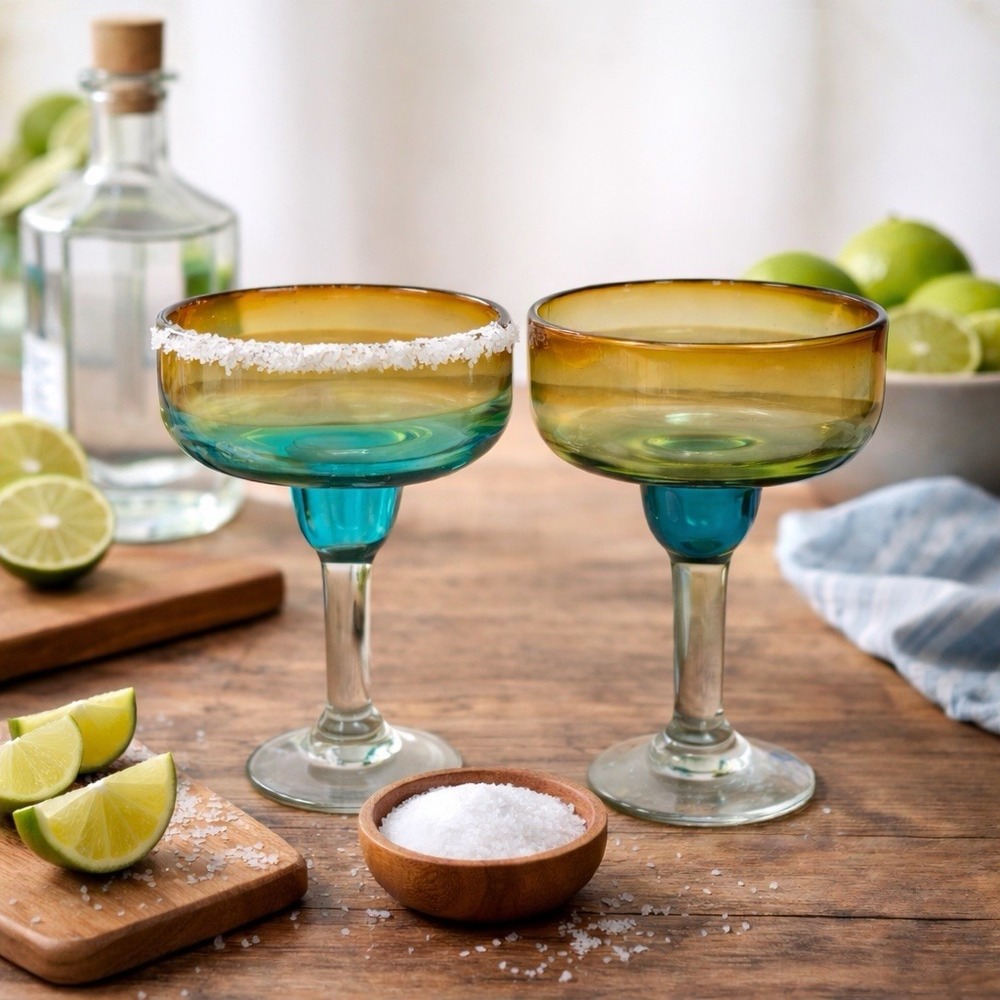Amici Home Margarita Glasses Set of 2 Hand Blown Mexico Blue Amber Art Glass